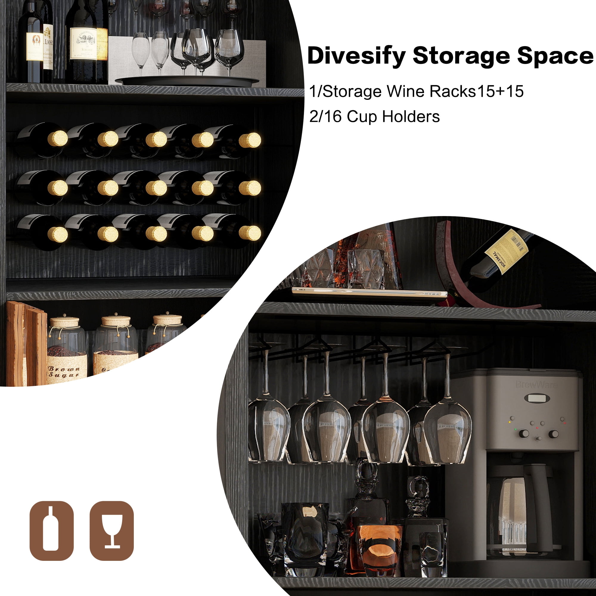 Leumius 71"Farmhouse Arched Bar Cabinet with Wine Rack and Wine Glass Holder, Tall Arched Display Cabinet, Arch Wine Bar Cabinets &Coffee Bar,Liquor Bars Cabinet for Living Dining Room Black+Natural