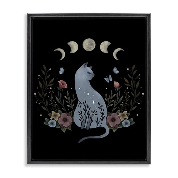 Stupell Industries Bohemian Cat & Moon Phases Black Floating Frame Canvas Art, 17 x 21, by Episodic Drawings