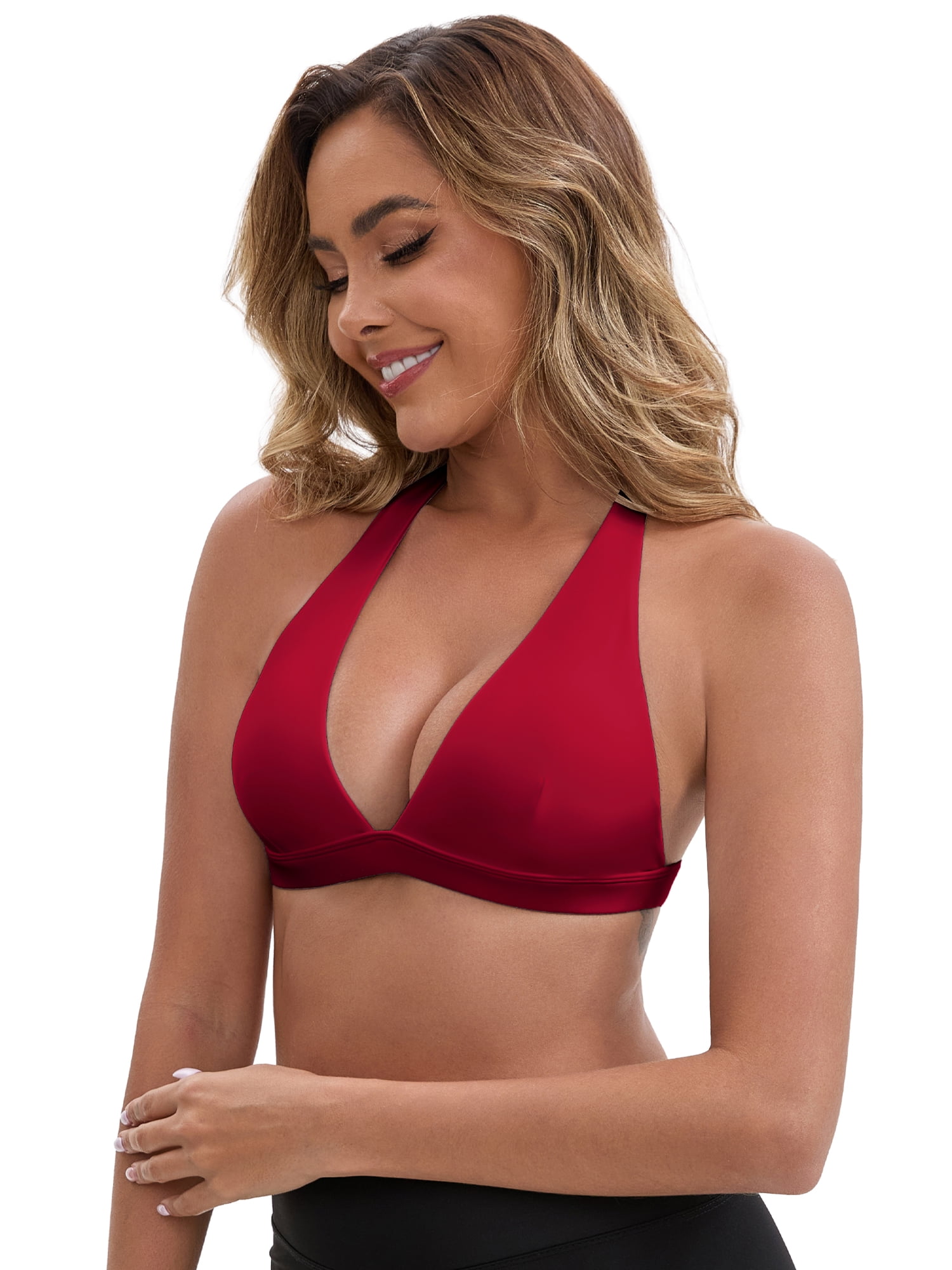 DARING DIVA Backless Plunge Sports Deep V Halter Neck Bras XL Red