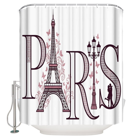 PARIS Bathroom Shower Curtains with 12 Hooks Polyester Waterproof Shower Curtain for Stalls and Bathtubs Pink Eiffel Tower Romantic Floral Leaves Couple Decorative Bathroom Curtain 36x72 Inches