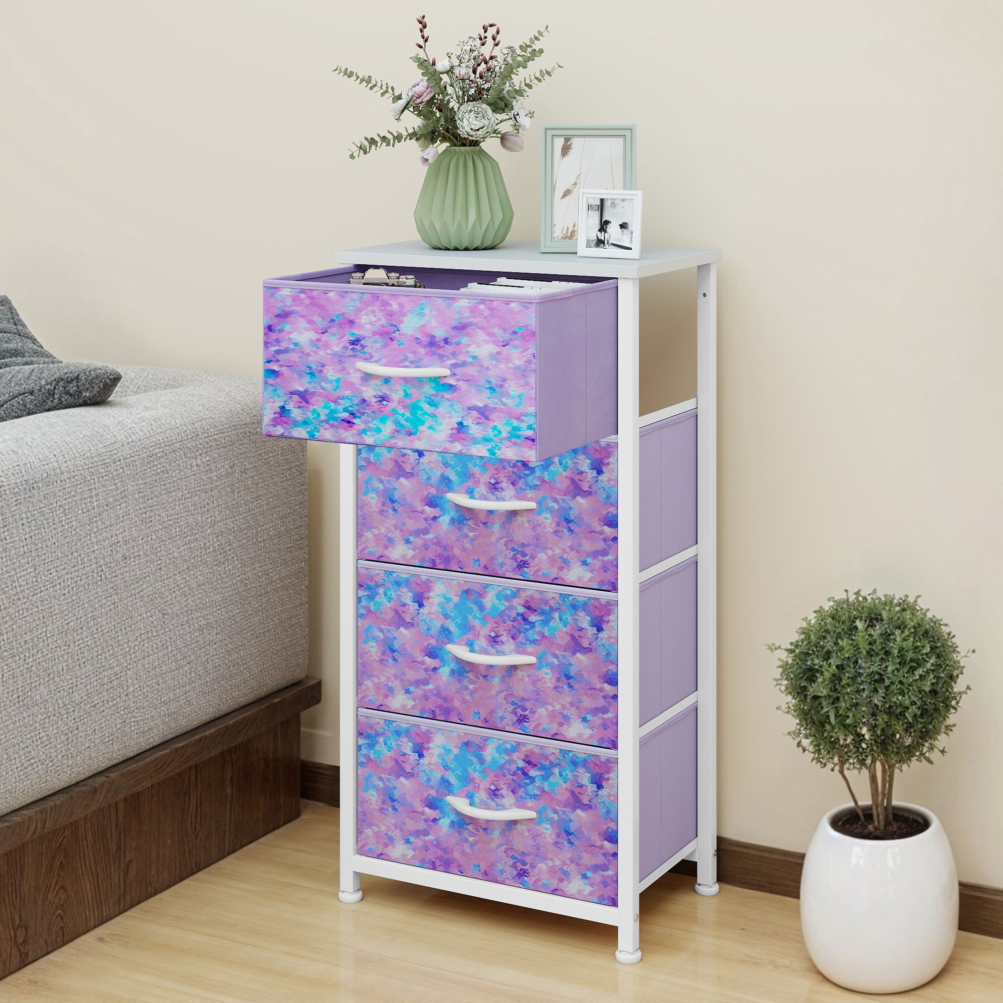 Uforic 4 Drawer Dresser Fabric Chest of Drawers Furniture Storage Organizer for Living Room,,Hallway, Tie-dye Purple