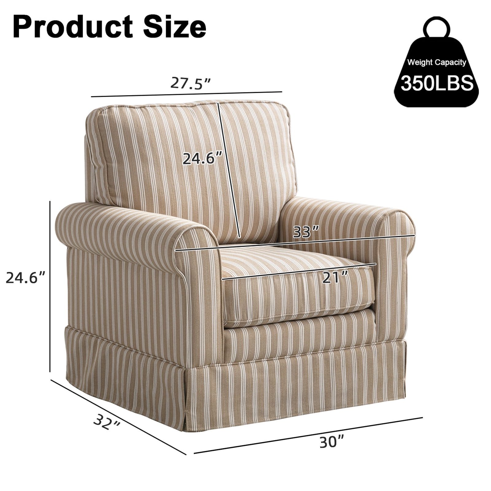 Ebello 30" Wide Bohemian Cotton Blend Vertical Stripe Sloped Arm Swivel Accent Chairs for Adults, Brown