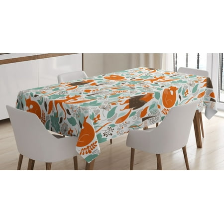 

Fox Tablecloth Funny Sleeping Fashion Fox Figures Falling Autumn Leaves Graphic Garden Rectangular Table Cover for Dining Room Kitchen 60 X 84 Inches Turquoise Orange Brown by Ambesonne