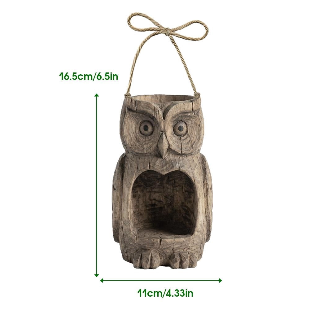 Resin Owl Bird Feeder for Outdoor Garden - Realistic Wood-Look Decorative Wildlife Feeding Station - Weatherproof Hanging Birdfeeder for Backyard & Patio