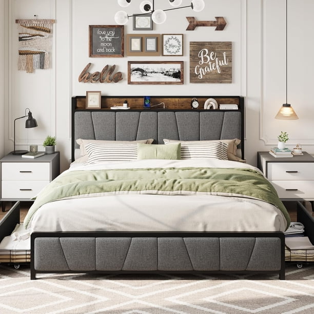 Rustic linen forrado king size platform marco de cama-2 almacenamiento cajones estación de carga almacenamiento cabecero heavy duty no box spring fácil montaje noise free