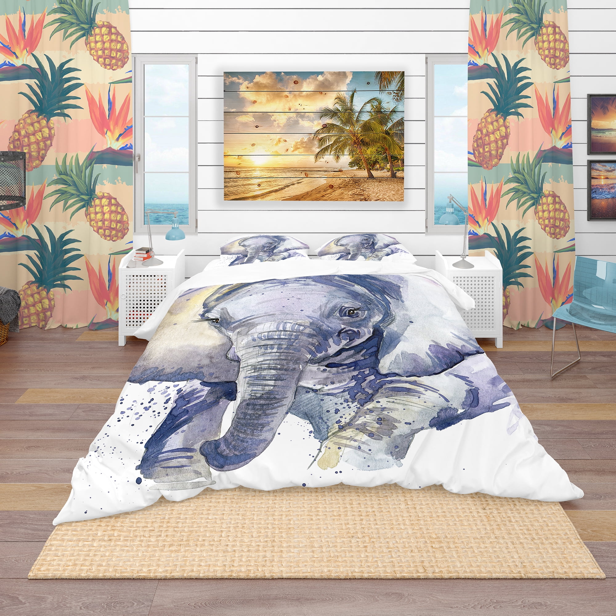 Designart 'Baby Elephant Blue Watercolor' Tropical Duvet Cover Set