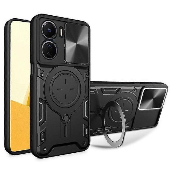 Compatible For vivo Y16 4G Slide Camera Protection Phone Cover Hybrid PC+TPU Kickstand Phone Case Black