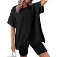 thumbnail image 2 of T-Shirts à Col Rond Amples pour Femmes, Chandails Décontractés pour le Ventre, Tenue Tendance, Vêtements; T-Shirts Surdimensionnés pour Femmes, Col Rond, Manches Courtes, Hauts d'Été Décontractés, Légers, Amples, Blouse Asymétrique, 2 of 8