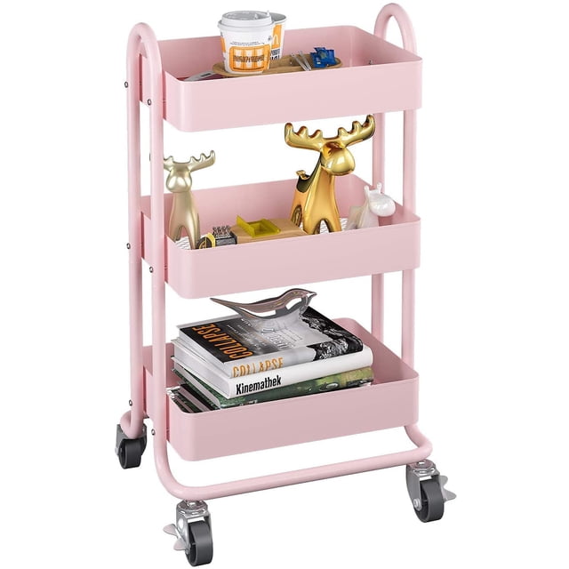 BONACHAN Carrito de Almacenamiento de Metal, Carrito de 3 Niveles con Ruedas,Estantes Almacenamiento,Organizador de Utilidad,Organizador con 2 Ruedas Cerradura y Asas, Ahorrar Espacio (Rosa)