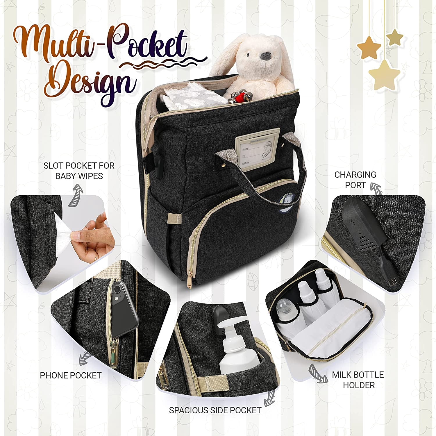 Baby Diaper Bag with Changing Station – Diaper Bag Backpack and USB Port, Insulated Bottle Bag, Mosquito Net, Sunshade – Comfortable and Stylish with Practical Stroller Hooks (Black)