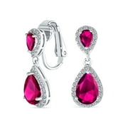 Red Teardrop CZ Halo Prom Drop Statement Chandelier Clip On Earrings Simulated Ruby Cubic Zirconia Silver Plated Brass