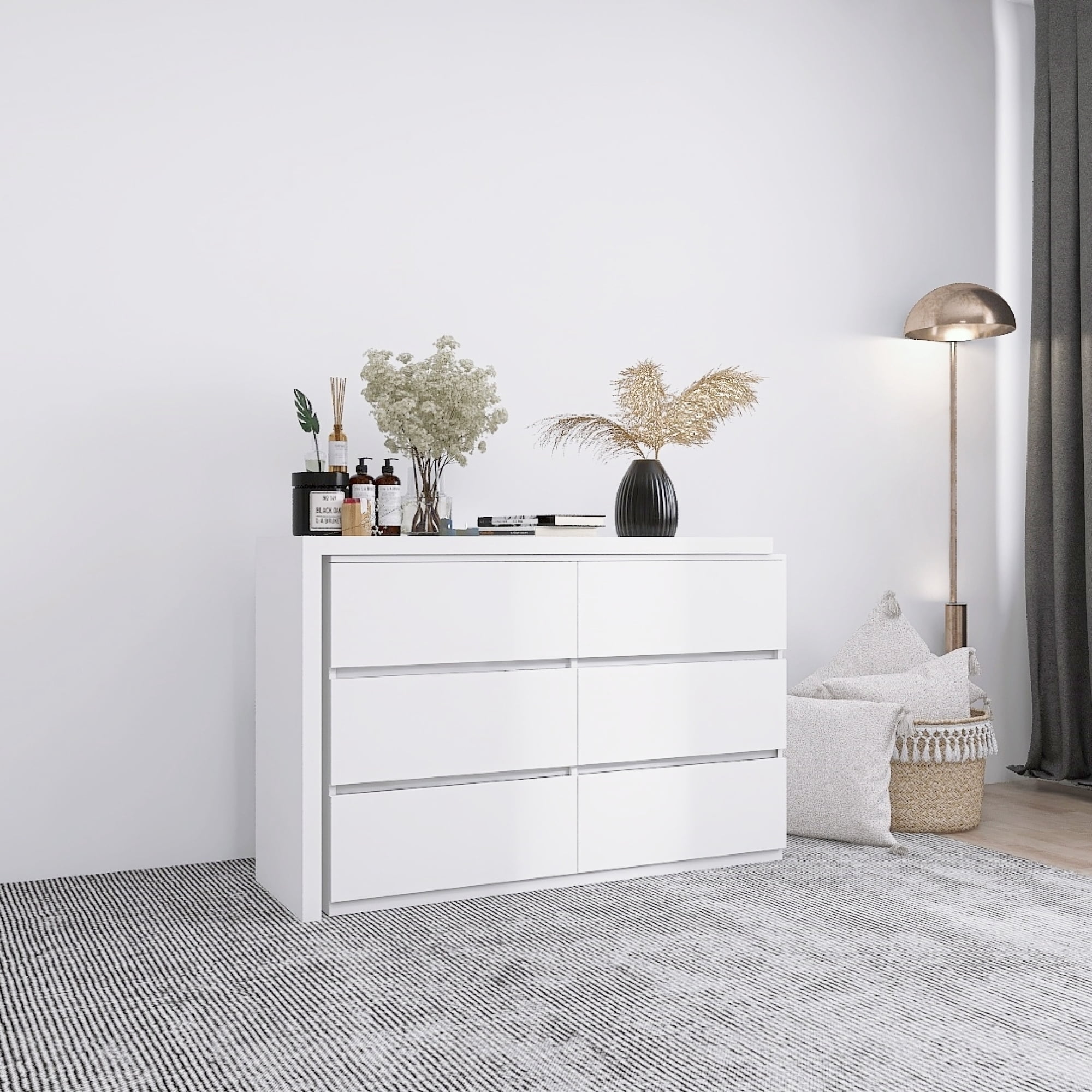 Leumius 6-Drawer Dresser,Extended Desktop Chest of Drawers,Handle-Free White Vanity with Rotatable Table Top for Bedroom/Living Room,White