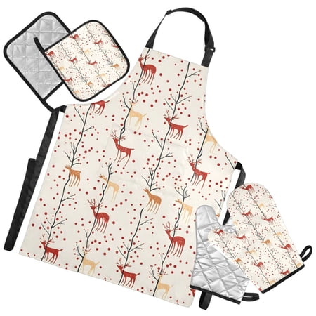 Ryvnso Christmas Reindeer Kitchen Apron Oven Mitts Set Pot Holders