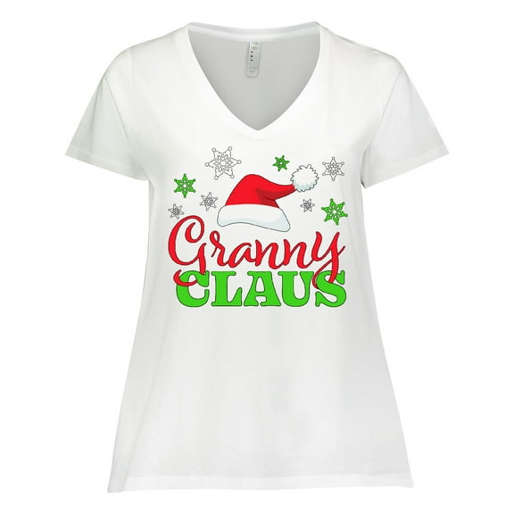 Inktastic Granny Claus with Christmas Santa Hat and Snowflakes Women's Plus Size V-Neck T-Shirt