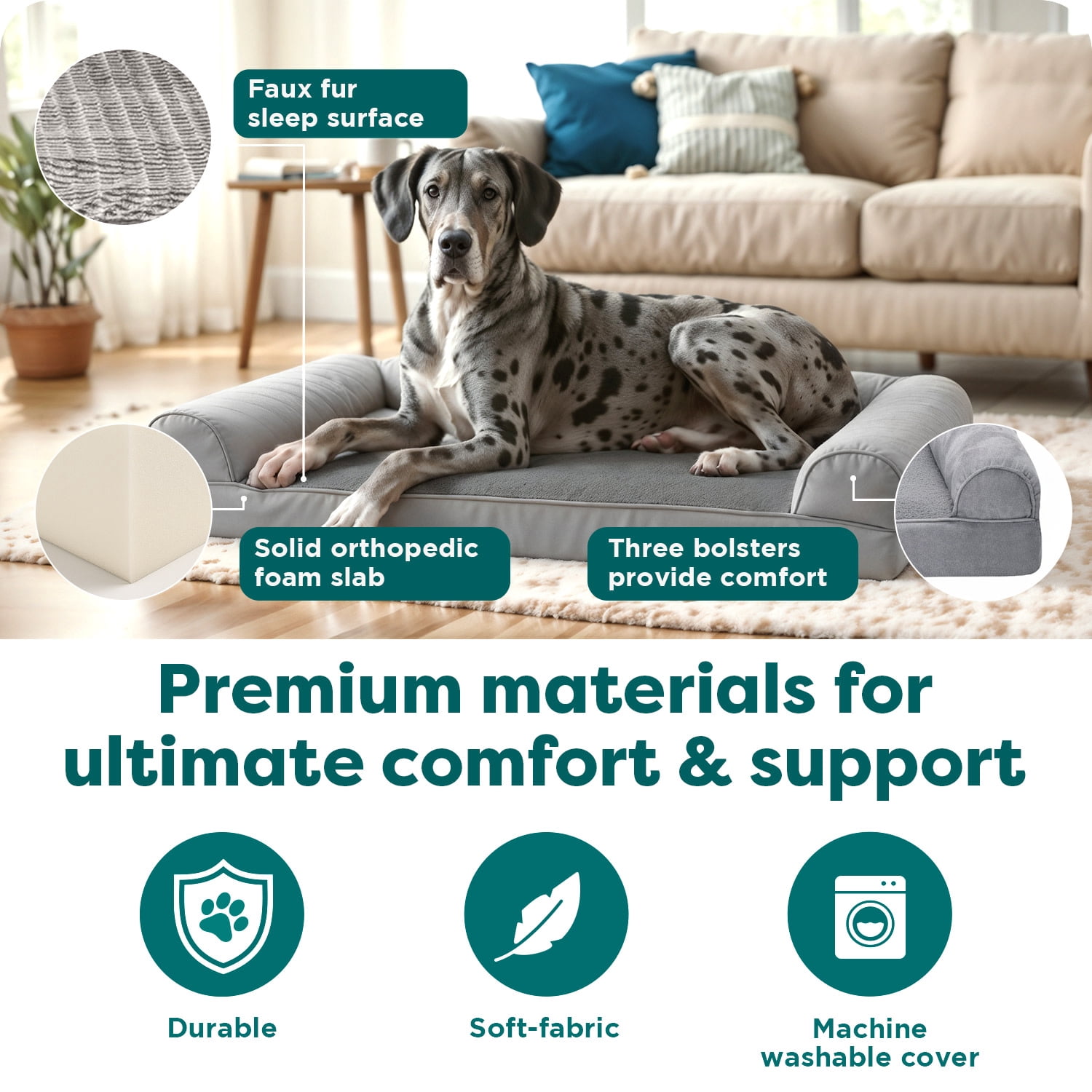 FurHaven Pet Products Luxe Fur & Performance Linen Orthopedic Sofa Pet Bed for Dogs & Cats - Charcoal, Jumbo Plus
