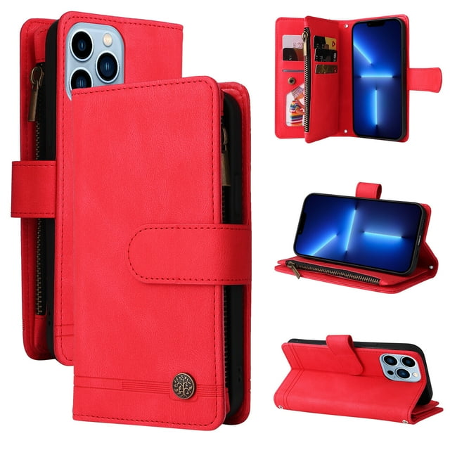 Case for iPhone 13 Pro Cover Zipper Pocket Wallet Case Magnetic Protective - Red