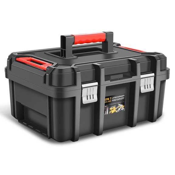 Monibloom Portable Tool Box with Removable Tray, Lockable Storage Organizer for Home & Garage, 17.3"L x 12.9"W x 8.5"H, Black/Red
