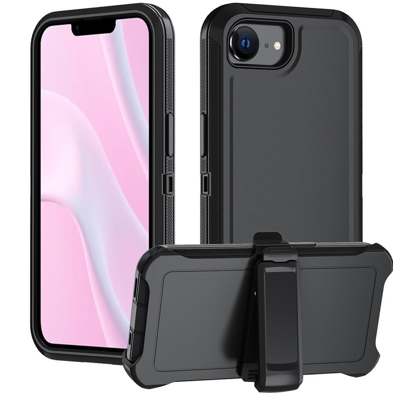 Hotpom Phone Case for iPhone 16E（2025）/ 17E（2026）, Silicone Heavy Duty 3-Layer Hybrid Drop Protection Protective Cover with Belt Clip, Black