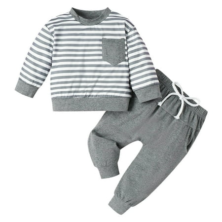 

OAUP 2PCS Toddler Boys Outfit Sets Long Sleeve Striped Print Tops Pants Outfits Clothes Set Childrens Clothes Winter Leisure Fashion Outfit 0M-3Y