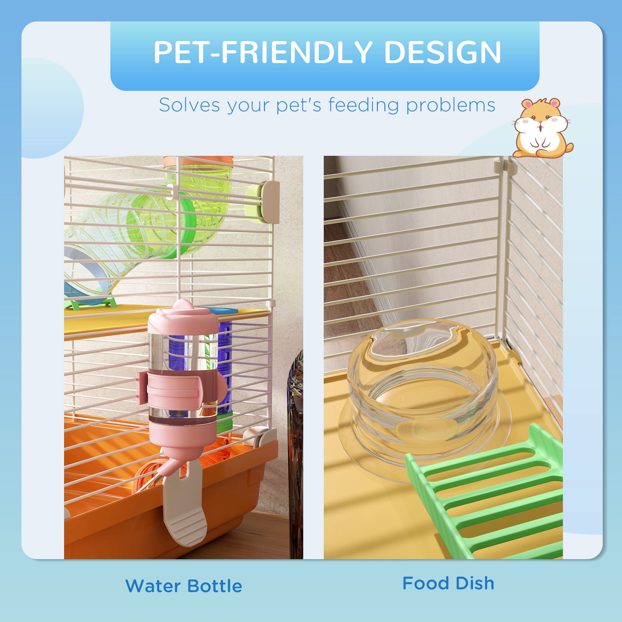 Dog Crate, PawHut 18" 5 Tier Hamster Cage with Tubes and Tunnels, Small Animal Cage with Portable Carry Handle, Gerbil Cage with Water Bottle, Food Dish, Exercise Wheel, Orange, Orange Pet Playpen
