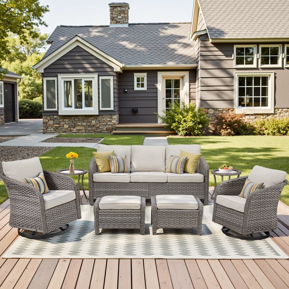 PPorfamilia 7 Piece Patio Furniture Set, PE Wicker Outdoor Sectional Conversation Sofa Sets with Rocking Swivel Chairs, Ottomans and Side Tables, Beige Cushions