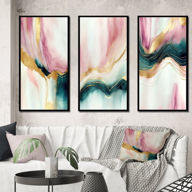 Designart "Pink and Green Geode Marble I" Abstract Marble Framed Wall Art Set Of 3 - Pink Modern Frame Gallery Set For Office Decor