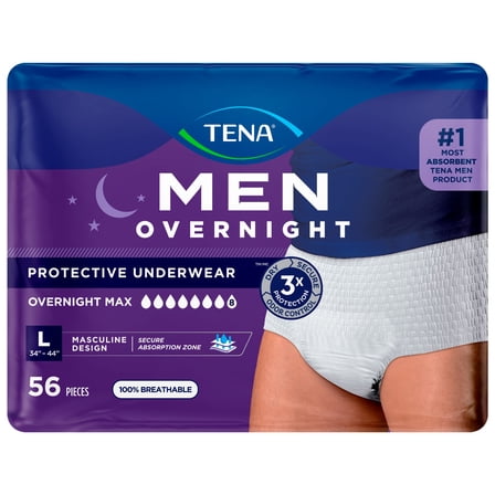 TENA MEN Underwear for Men Overnight Max, L, 56 Count (Waist size 34in-44in)