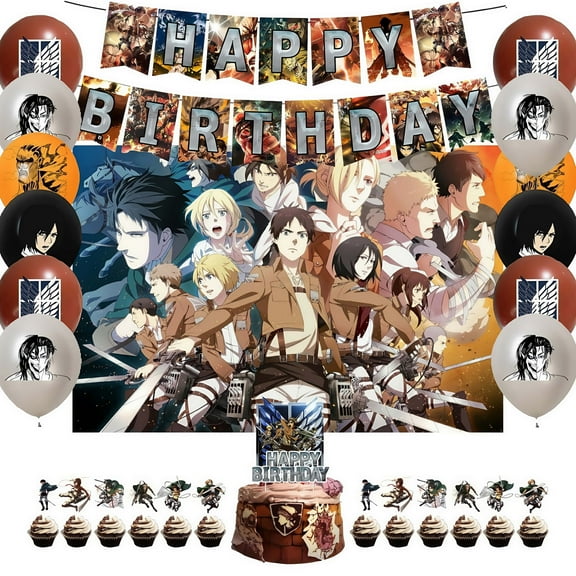 Cartoon Attack on Titan themed birthday party supplies decorations, birthday set includes birthday banners, backdrops, balloons, cake decorations, suitable for boys and girls birthday party supplies