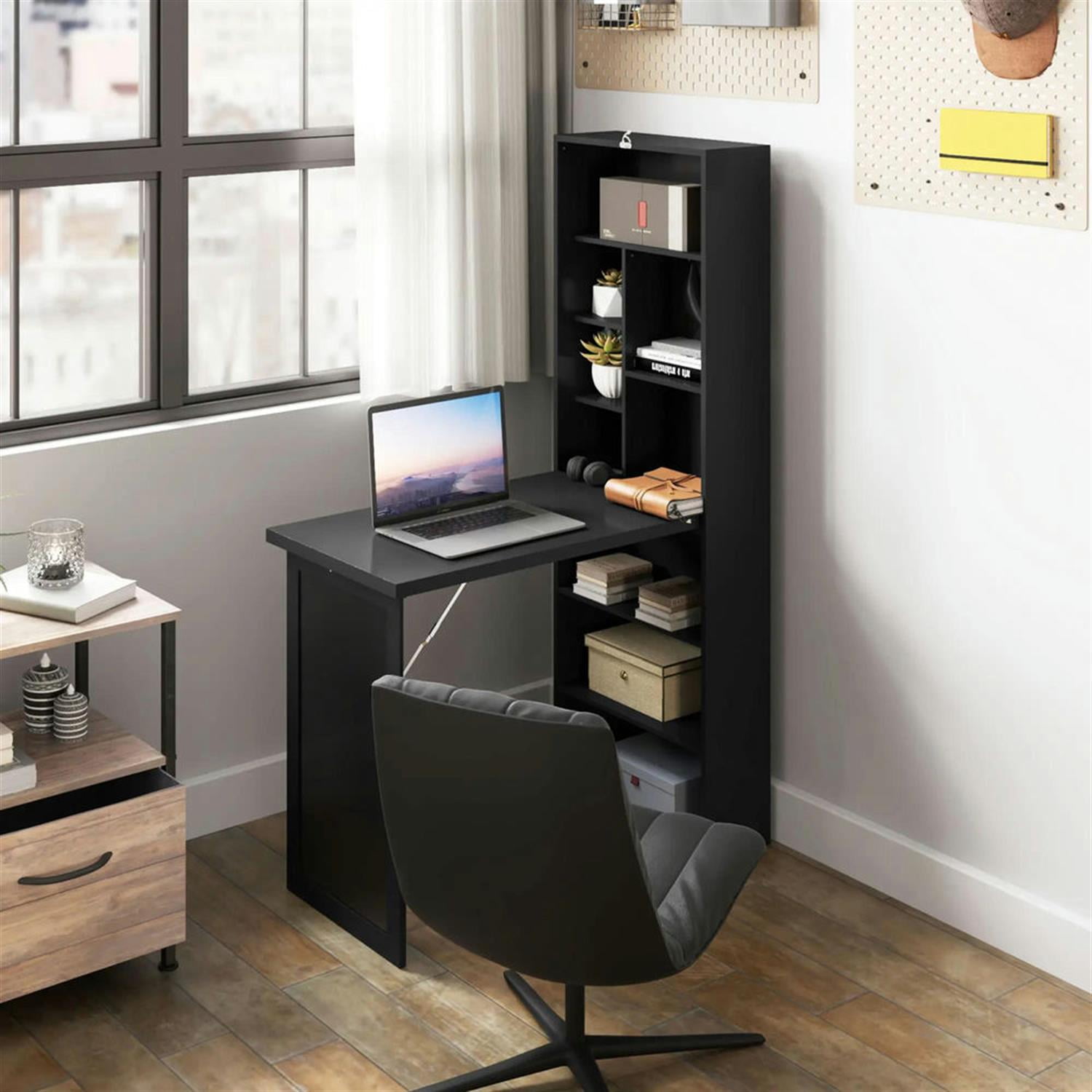 Demi Bonn Folding Computer Desk with Blackboard, Wall-Mounted Home Office, Desk with Side Shelf, Space-Saving, Black