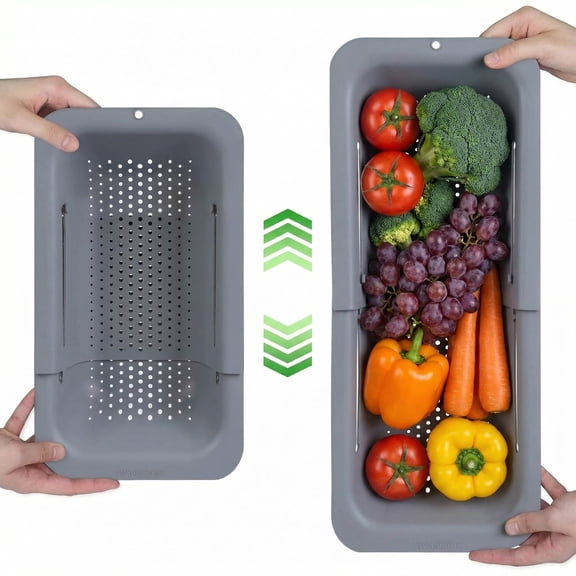 Extendable Over Sink Colander, 13.58-18.9 Inch Expandable Drain Basket, Ideal for Washing Produce & Draining Noodles, Fits Most Household Kitchen Sinks (Grey, 1 Pack)