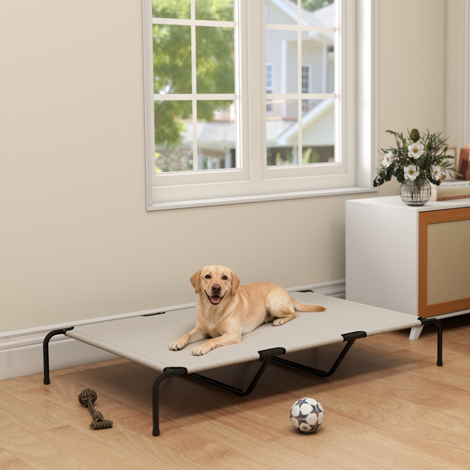 Elevated Dog Bed for Large Breeds 60"L Raised Cooling Pet Cot with Breathable Teslin Mesh 149 lbs Capacity Indoor Outdoor Dog Bed Beige