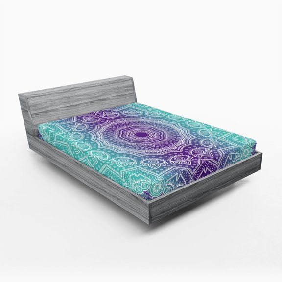Ambesonne Mandala Fitted Sheet, Ornate Hippie, Full Size, Purple Aqua