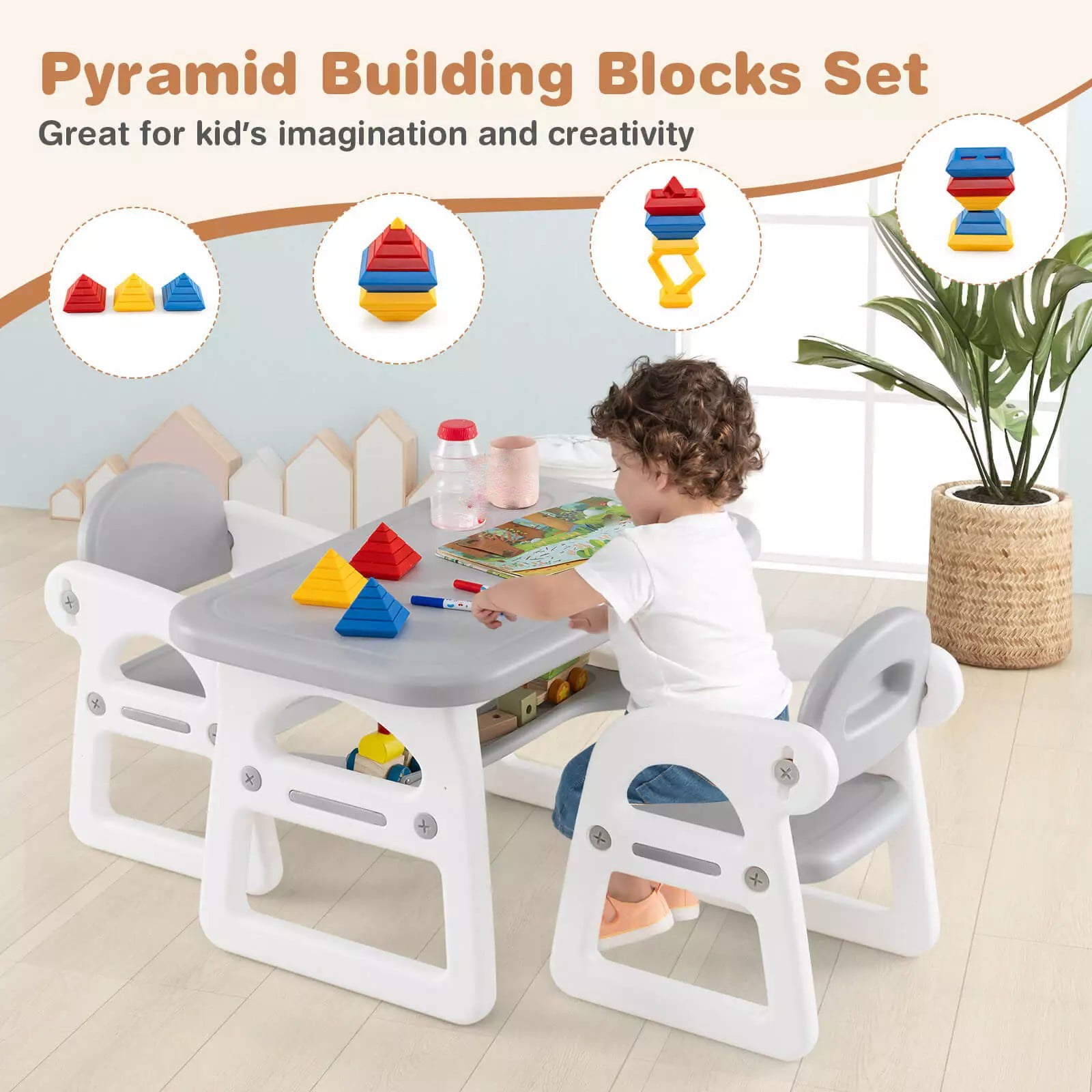 Auranook 3-Piece Kids Table and Chairs Set, Toddler Activity Table with 2 Chairs for Reading, Playing, Storage Rack,Drawing,  Pyramid Building Blocks Set