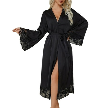 BYHONG Women Lace Kimono Robe Sexy Lingerie Mesh Chemise Nightgown Cover Up Women Pajamas Black M