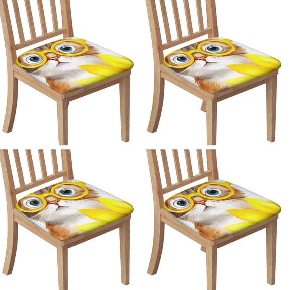 Cat with Glasses and Sunflower Seat Covers for Dining Room Chairs Set Of 4,Stretch Printed Washable Chair Seat Cover with Elastic Ties and Button,Removable Waterproof Couch Cushion Covers