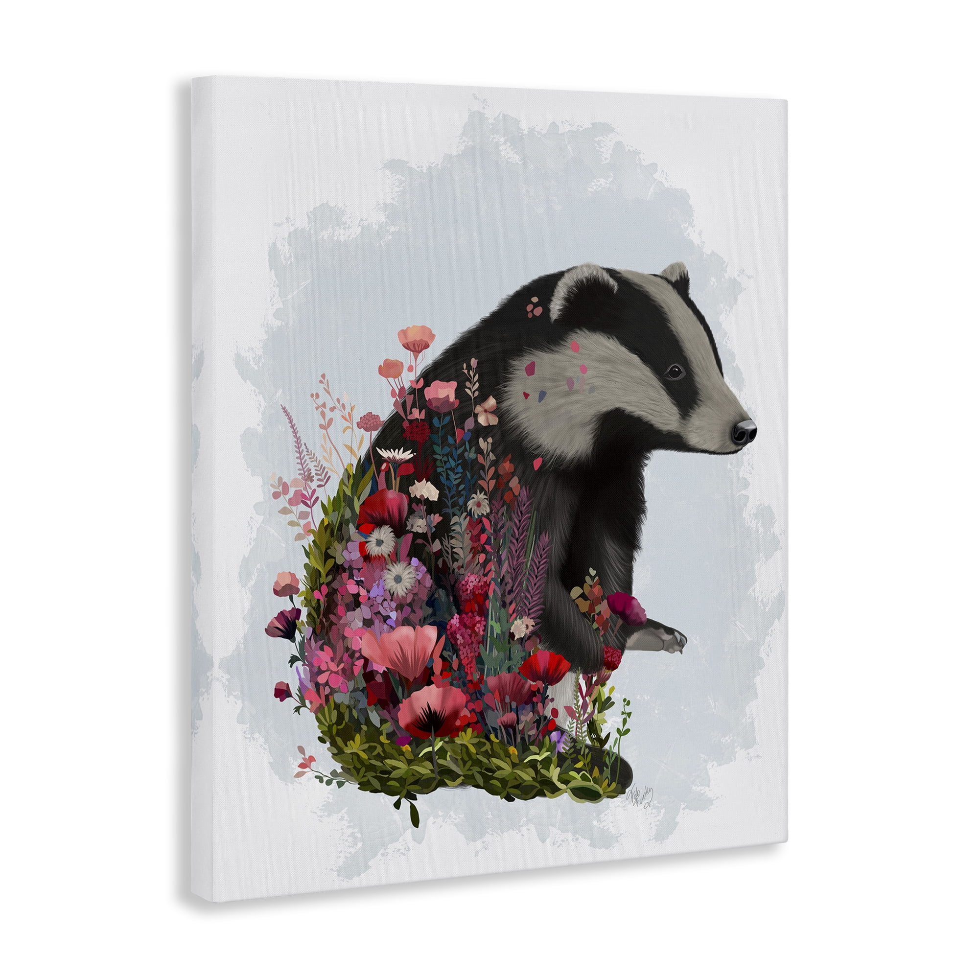 Stupell Industries Badger with Garden Blooms Botanical & Floral Painting Gallery Wrapped Canvas Art Print Wall Art, 16 x 20