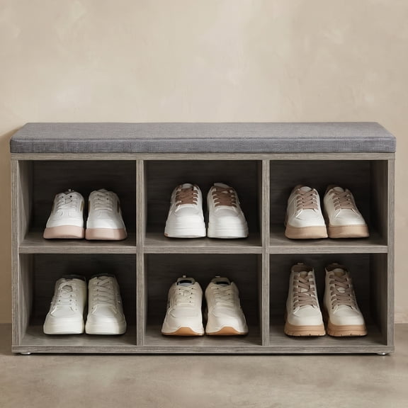 Nordic Hygge 40.2 in. Greige Shoe Storage Bench with Padded Seat & Adjustable Shelves