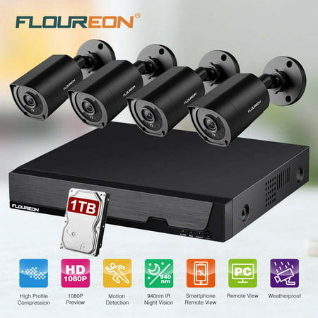 FLOUREON 8CH DVR Security Camera System with 1TB Hard Drive, 5 IN 1 1080N Video DVR Recorder 4X HD 3000TVL 1080P Invisible IR Night Vision Indoor Outdoor Weatherproof CCTV Cameras Motion