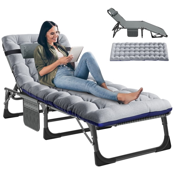 5 Position Adjustable Outdoor Chaise Lounge Chair, Foldable Recliner with Mattress for Sunbathing, Poolside, Patio, Camping, Beach, gray Finish