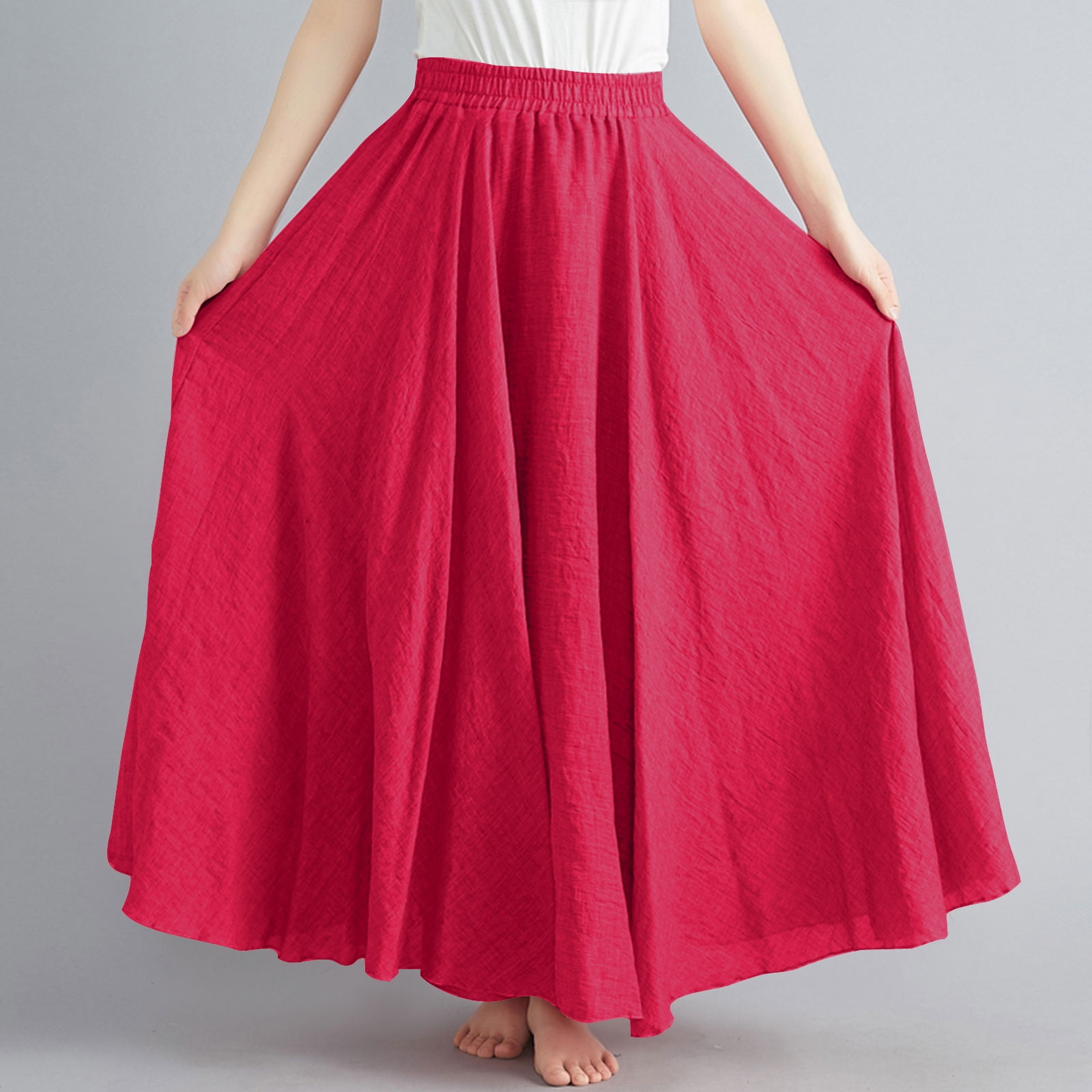 Cavosen Skirts for Women Trendy Summer Long Maxi Ankle Length Skirts Linen Pleated Pencil Skirts Elastic Waist Plain Summer Skirts Oversized Dress Athletic Beachwear Resortwear Red