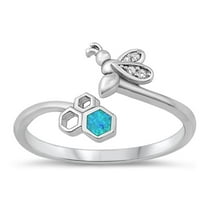 CHOOSE YOUR COLOR Blue Simulated Opal Ring .925 Sterling Silver Bee & Honeycomb Band CZ Female Size 6