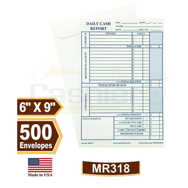 500 Cashier Depot MR318 Daily Cash Report Envelope, 6" x 9",Open End