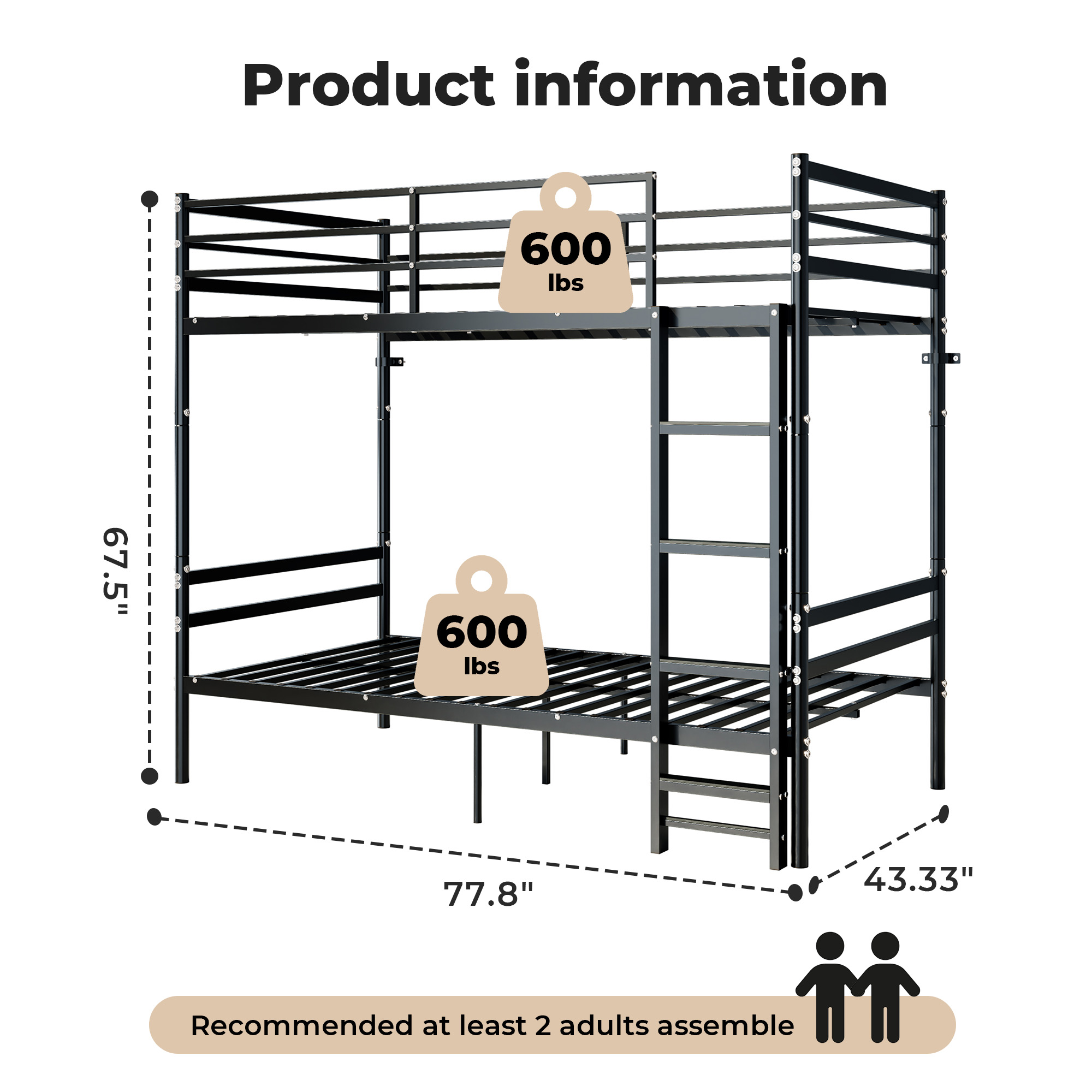 Alvantor Bunk Bed Twin over Twin, Metal Bunk Bed for Kids with Stairs and Guardrail, Converted Into 2 Twin Bed Black