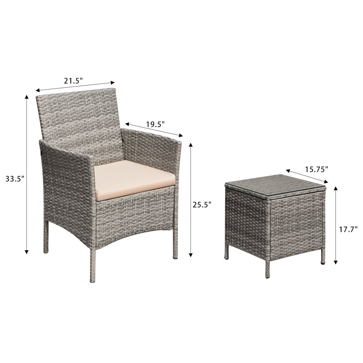 Devoko 3 Pieces Patio Furniture Set Outdoor Conversation Set Wicker Bistro Chairs Set of 2 with Coffee Table for Porch Backyard Balcony,, Gray/Beige