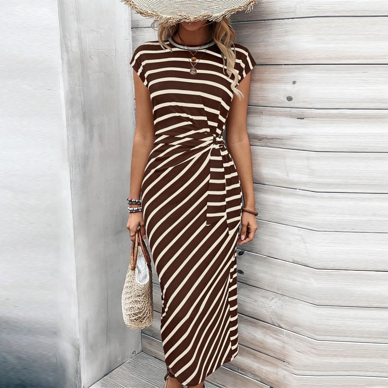 bodycon everyday dress Pbfrdsj Womens Summer Maxi Dress Crewneck 1/4 Sleeve Bodycon Casual Sundress Striped Side Tie Knot Office Dress Multi-Color Available, Women's, Size: