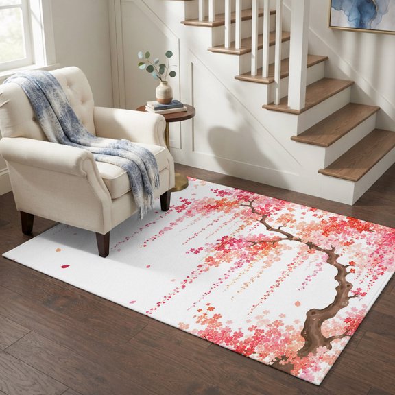 Area Rugs 4'x6'. Spring Floral Carpet Runner Indoor Outdoor Rugs Home Decor Aesthetic, Watercolor Weeping Cherry Blossom Branches Non Slip Mats Washable Accent Rug for Living Room Bedroom