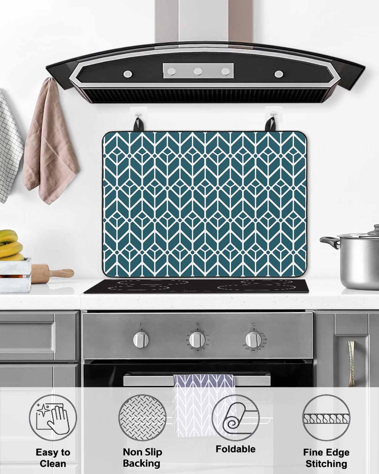 Large Induction Cooktop Protector Mat Geometric Stove Top Covers for Electric Stove, Modern Abstract Lines Texture Teal Decorative Stove Burner Cover Mats, Glass Top Stove Cover