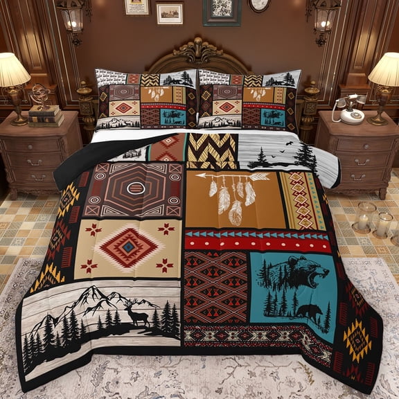Castle Fairy Safari Deer Bear Bedding Comforter Set 2pcs for Teens Adults,Bohemian Tribal Aztec Twin Comforter Sets Microfiber,Exotic Style Breathable Bedding Set,Lightweight Room Decor,Reversible