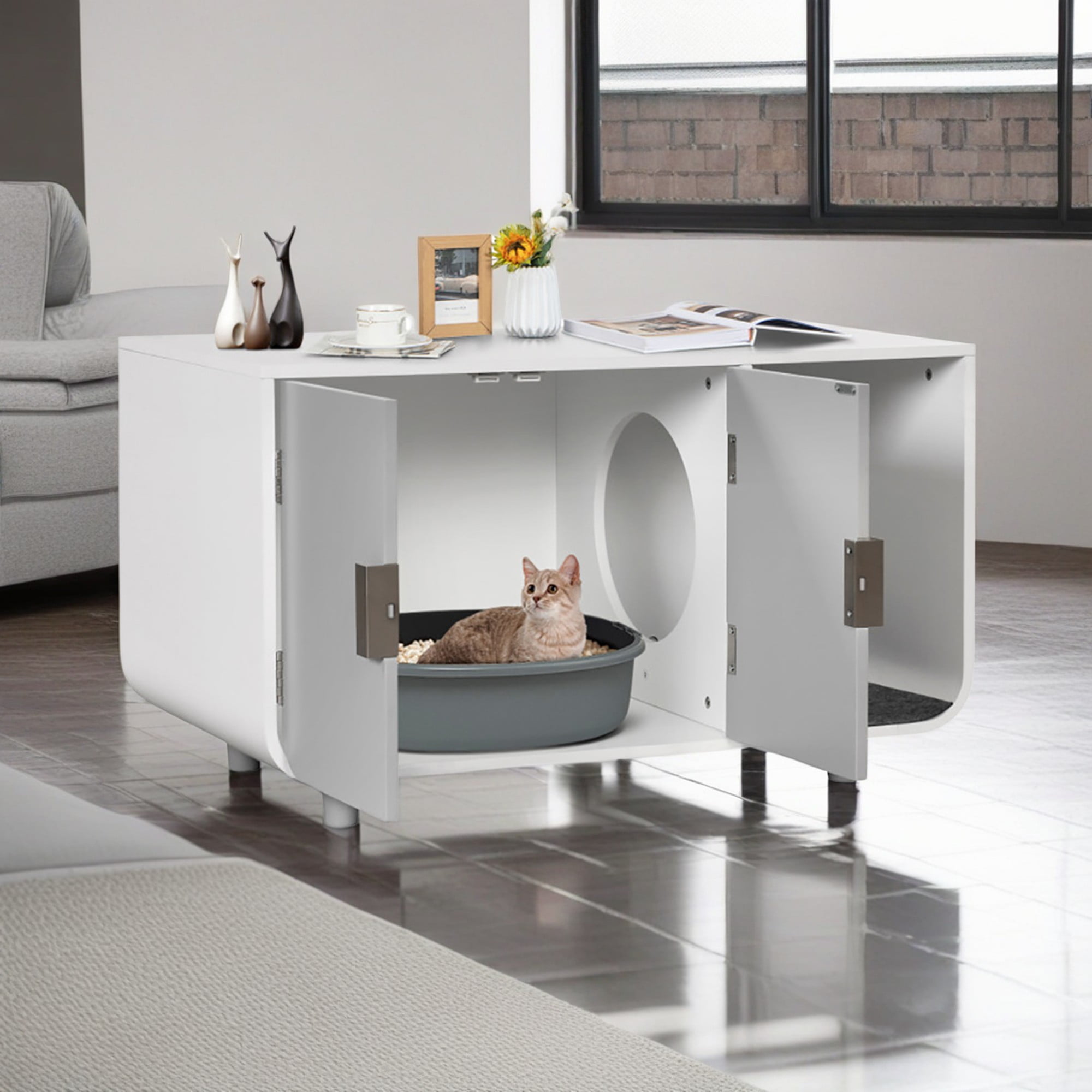 Kadyn 37" Cat Litter Box Enclosure Furniture with Removable Mat, Hidden Indoor Cat House, Gray