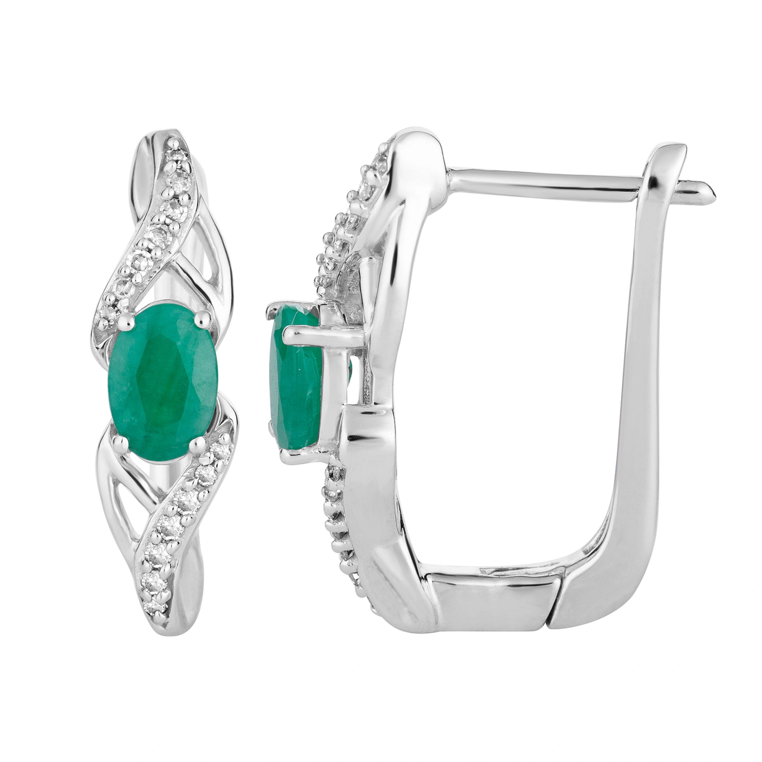 10k White Gold Emerald & 1/10 Carat T.W. Diamond Latch Back Earrings